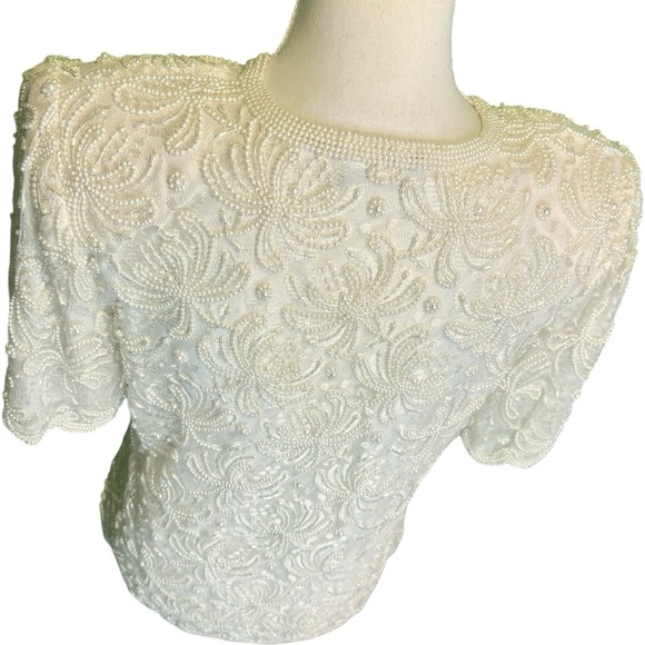 Laurence Kazar Vintage Ivory Pearl Beaded Scalloped Trim Short Sleeve Blouse MP - Picture 7 of 16